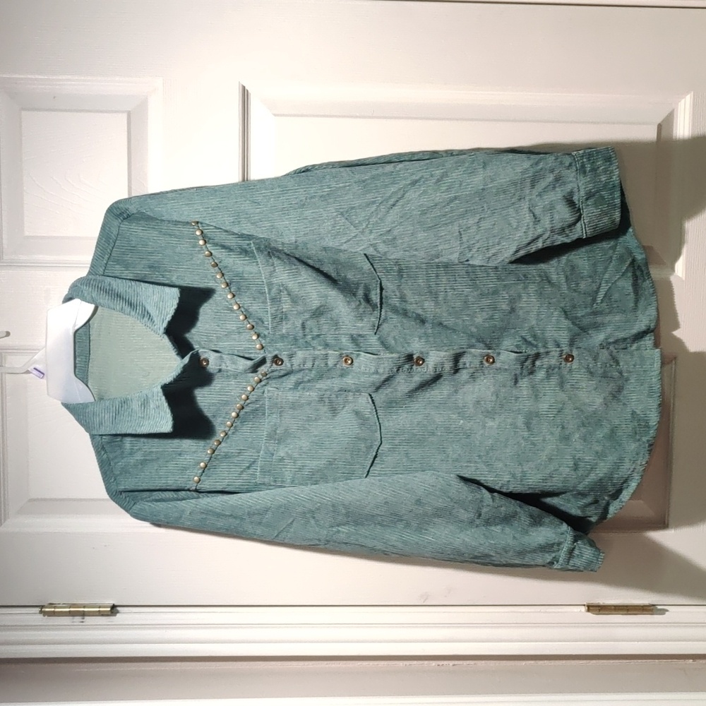 Jade corduroy style jacket with bronze stud detail.